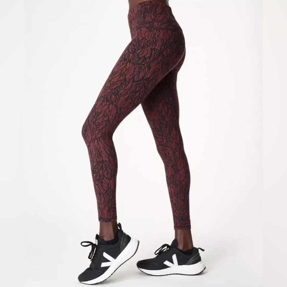 Sweaty Betty Maroon & Black Fig Leaf Print Leggings Size Small